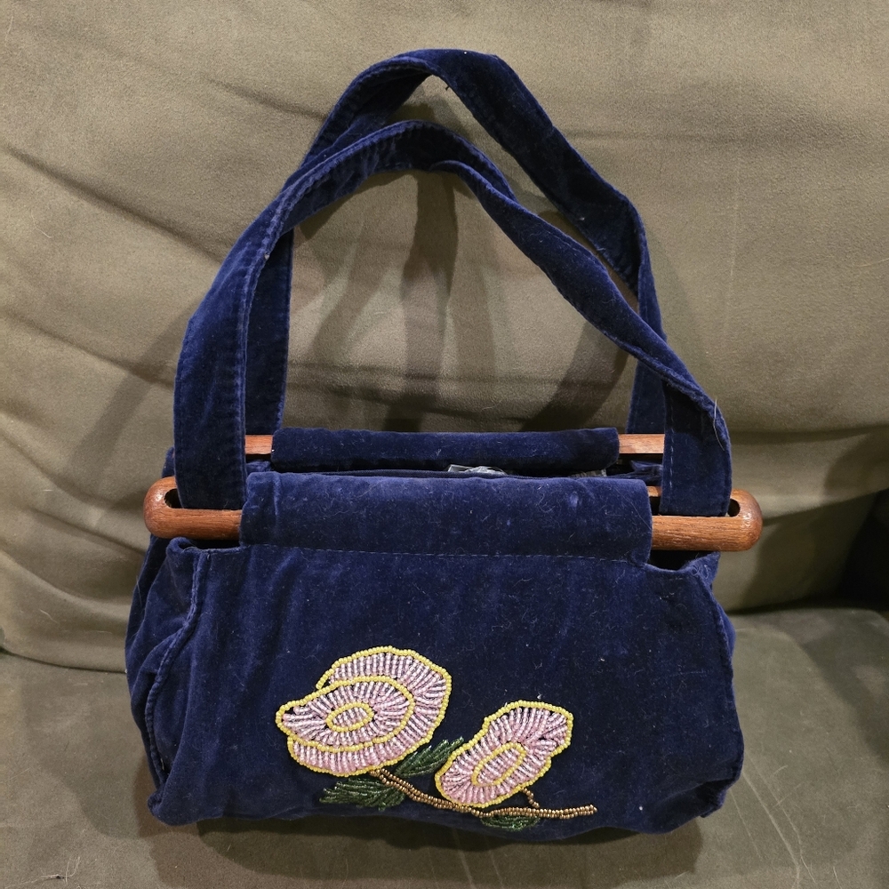 Vintage Blue Crushed Velvet Floral Beaded Handbag